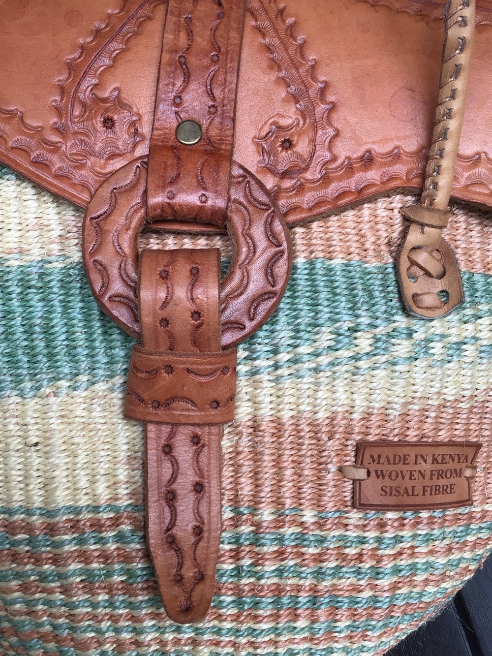 Made in Kenya Woven From Sisal Fibre Tote with Leather Trim - Tan & Green Coral - Picture 7 of 16